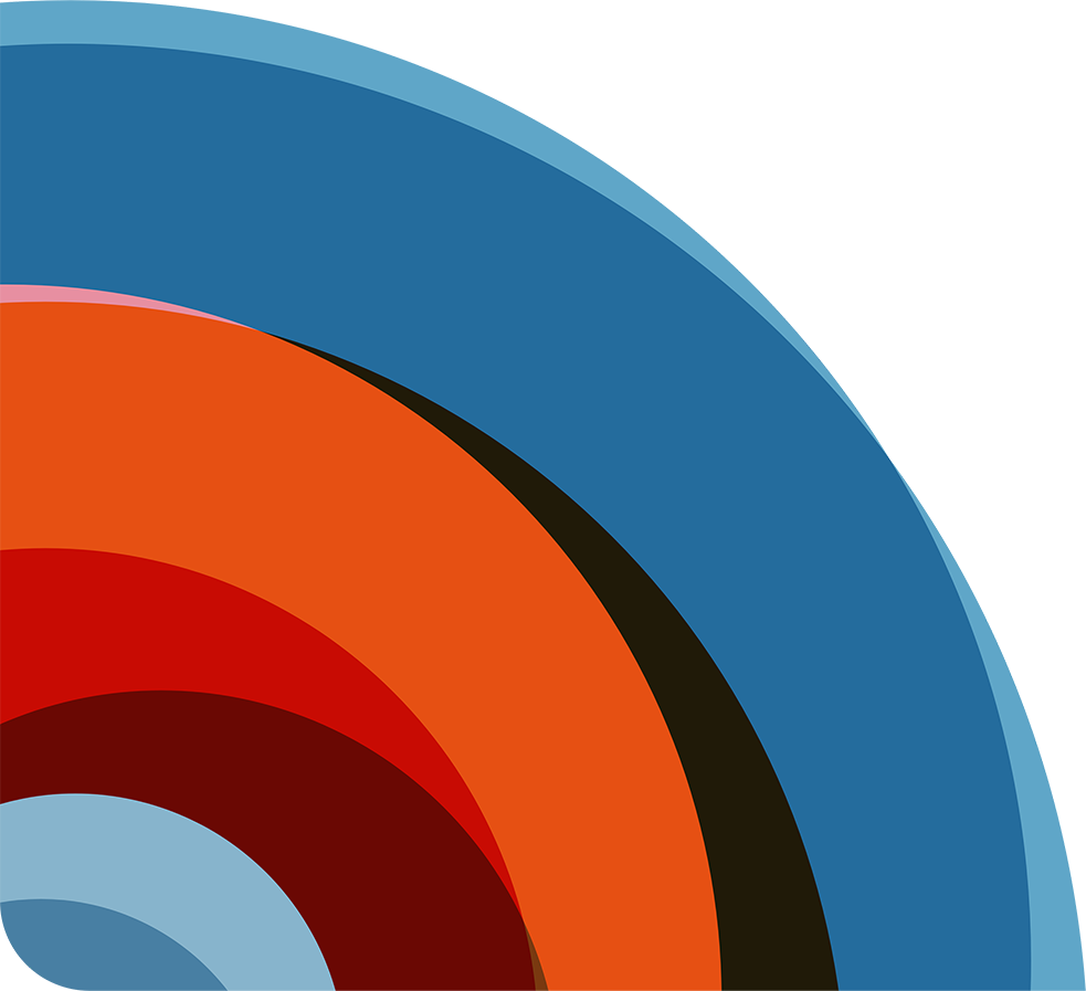 Das Bild zeigt mehrere halbkreisförmige, bogenartige Formen, die sich von links unten nach rechts oben hin vergrößern. Sie sind in kräftigen Farben angeordnet: innen Hellblau, dann Dunkelrot, Rot, Orange und außen Dunkelblau mit einem hellblauen Rand. Oben rechts steht der rote Text „Integrierte Kommunikation – auf allen Kanälen." Darunter zeigt ein dünner roter Pfeil nach rechts mit dem Wort „Services".